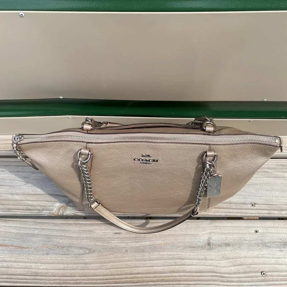 Coach Ava Chain Tote Platinum Metallic Pebbled Leather Shoulder Bag F58688